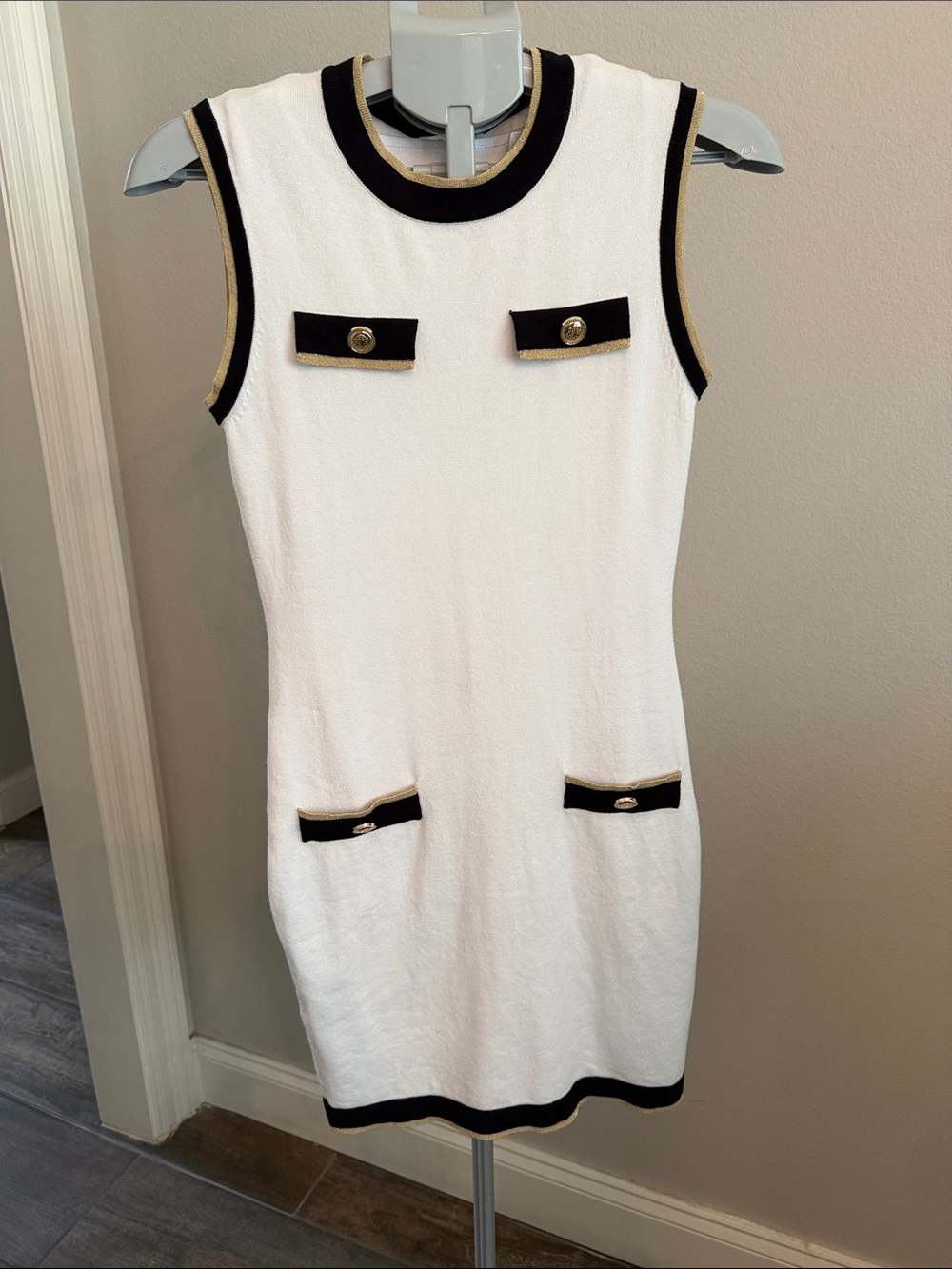 VENUS White Sleeveless Shift Dress with Black & Gold Trim